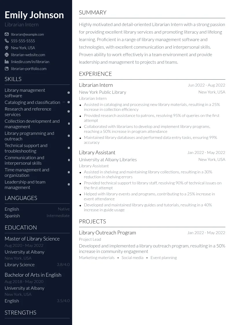 Librarian Intern resume example