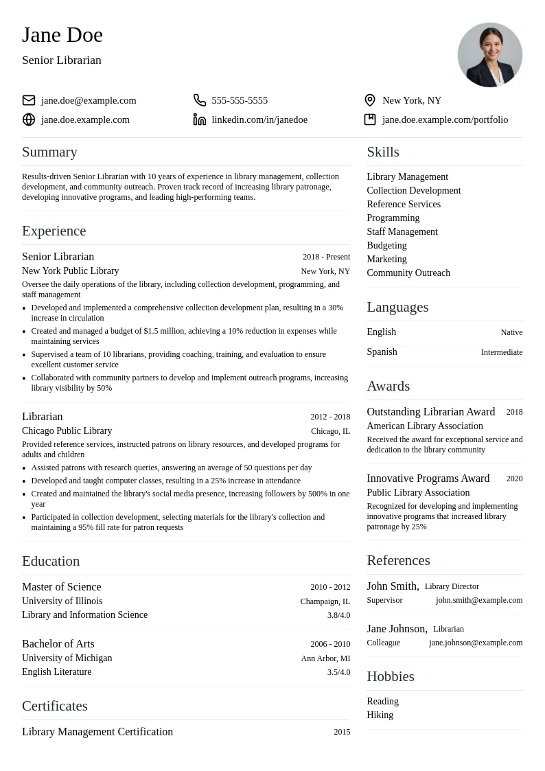 Senior Librarian resume example