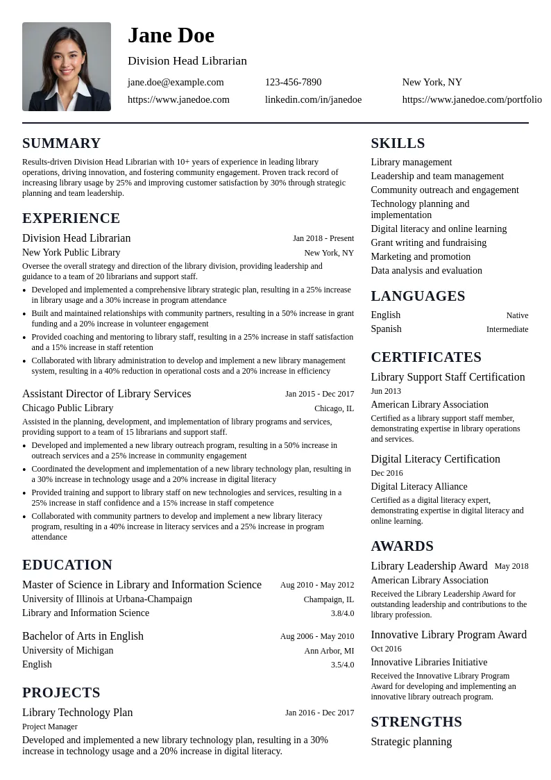 Division Head Librarian resume example