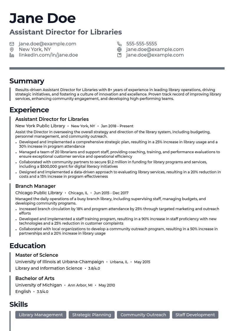 Assistant Director for Libraries resume example