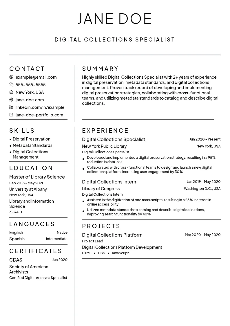 Digital Collections Specialist resume example