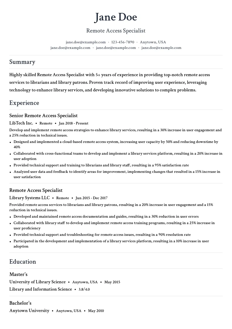 Remote Access Specialist resume example