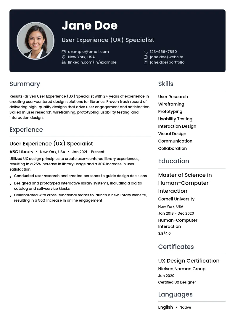 User Experience (UX) Specialist resume example