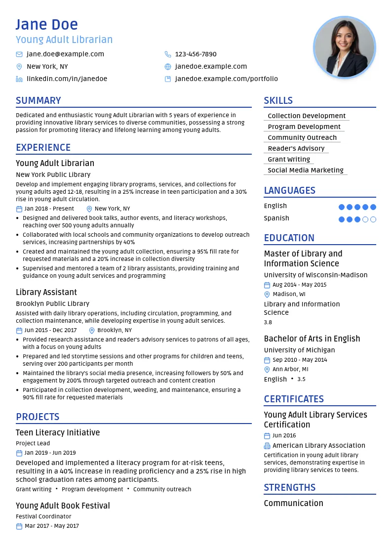 Young Adult Librarian resume example