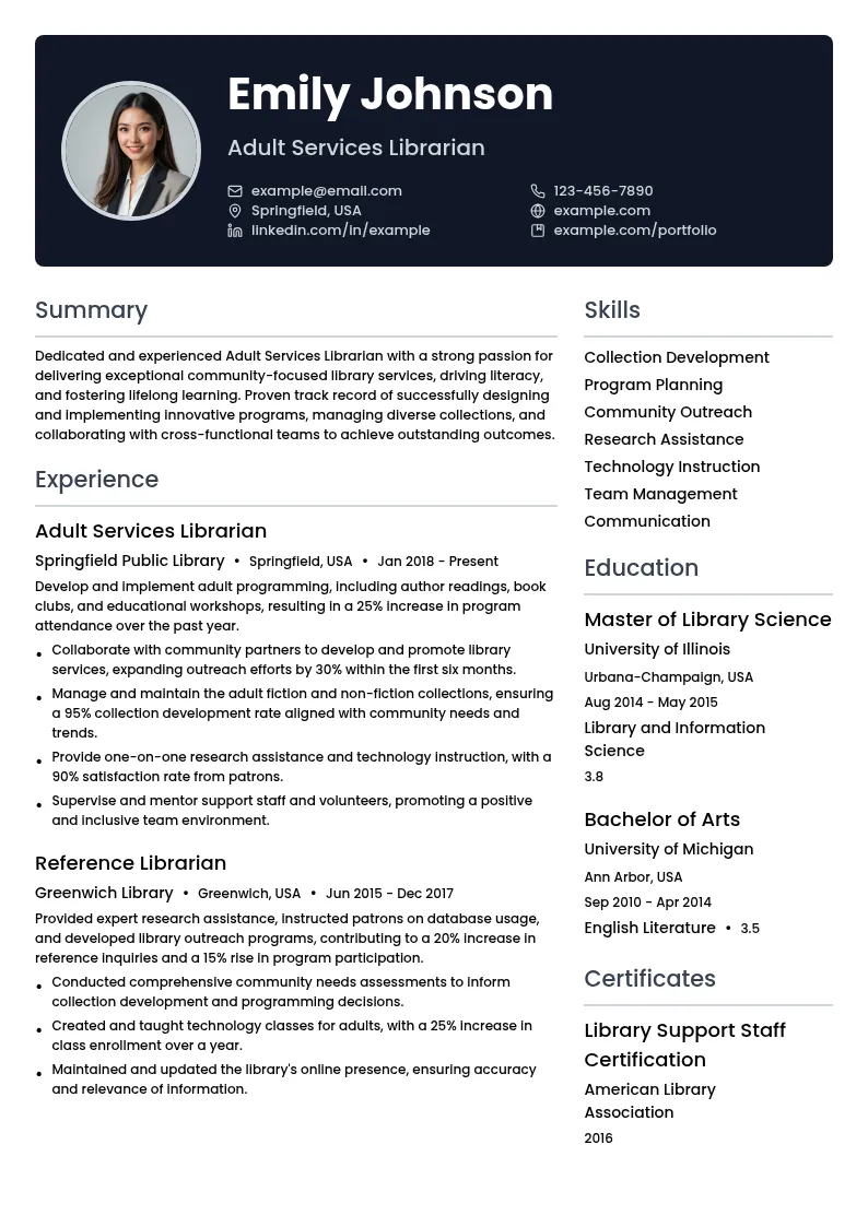 Adult Services Librarian resume example