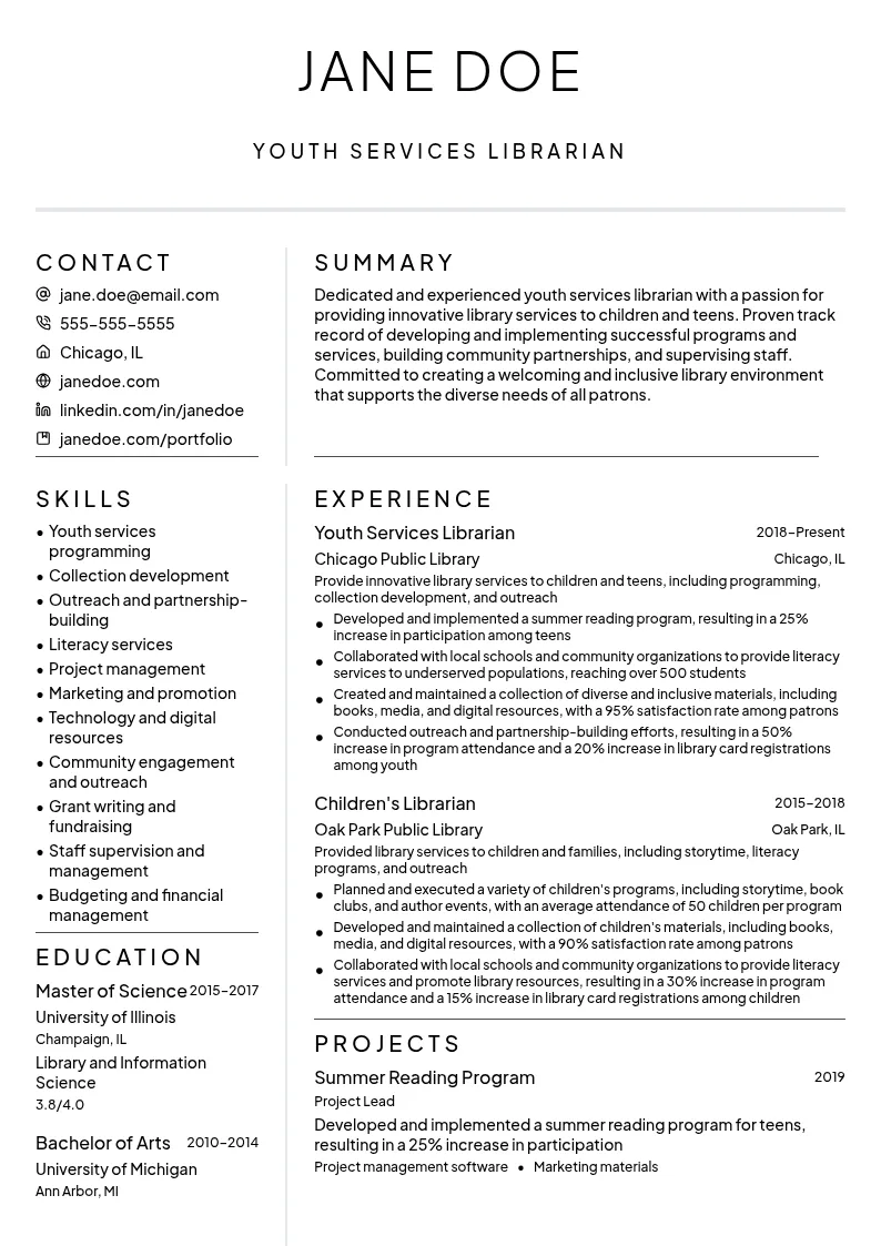 Youth Services Librarian resume example
