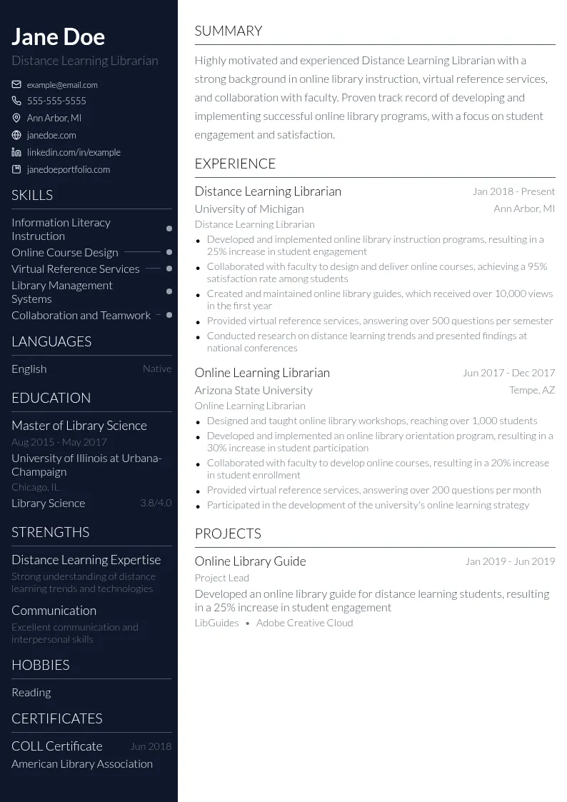 Distance Learning Librarian resume example