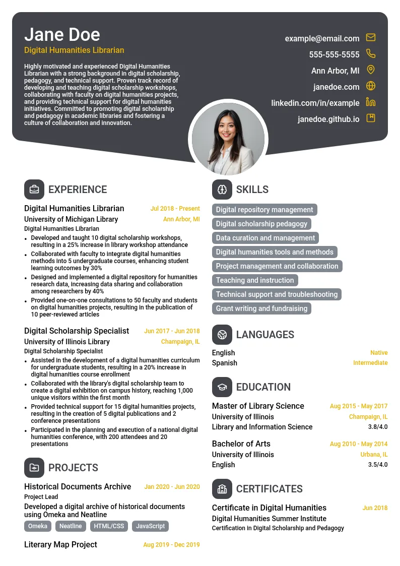 Digital Humanities Librarian resume example