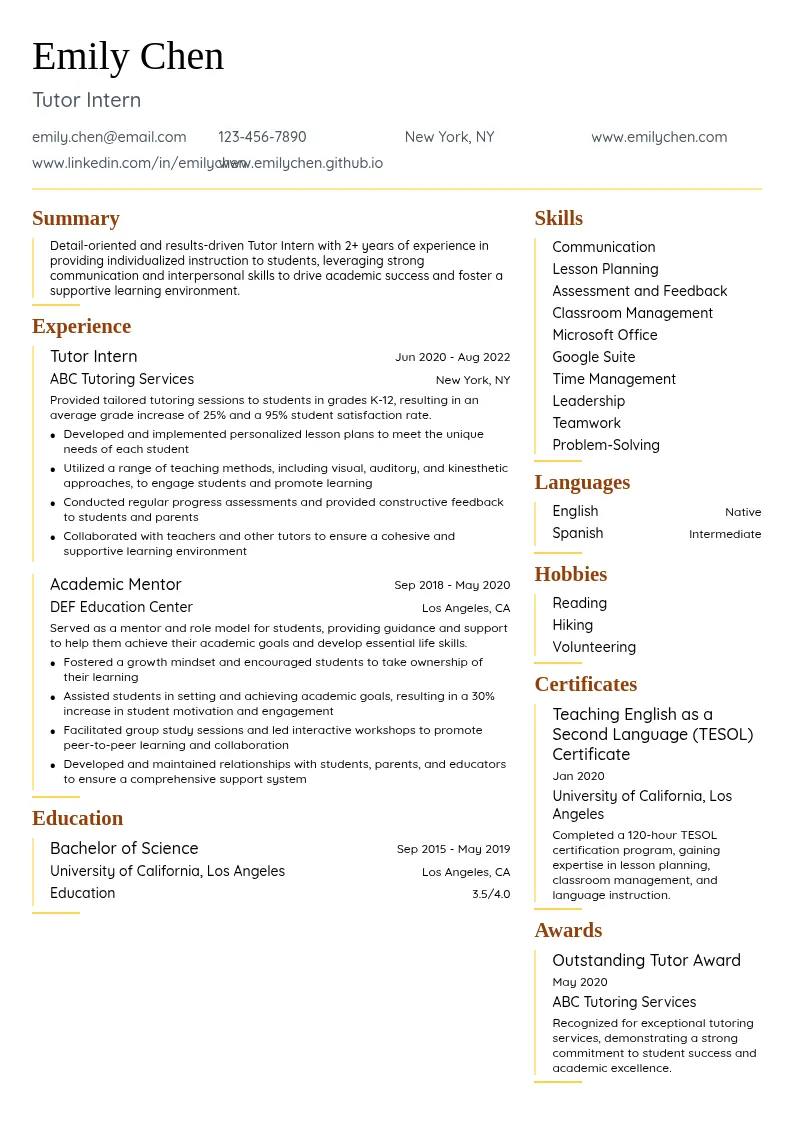 Tutor Intern resume example
