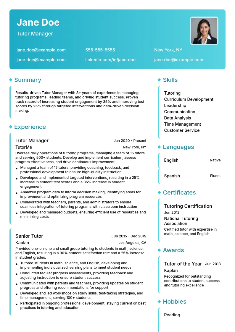 Tutor Manager resume example