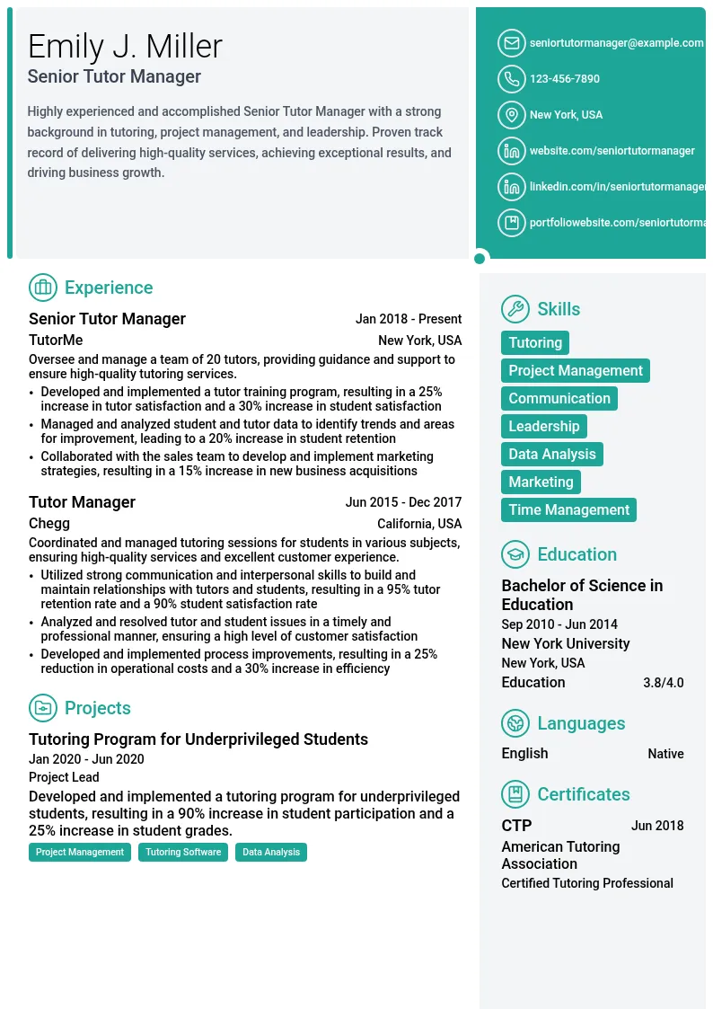 Senior Tutor Manager resume example