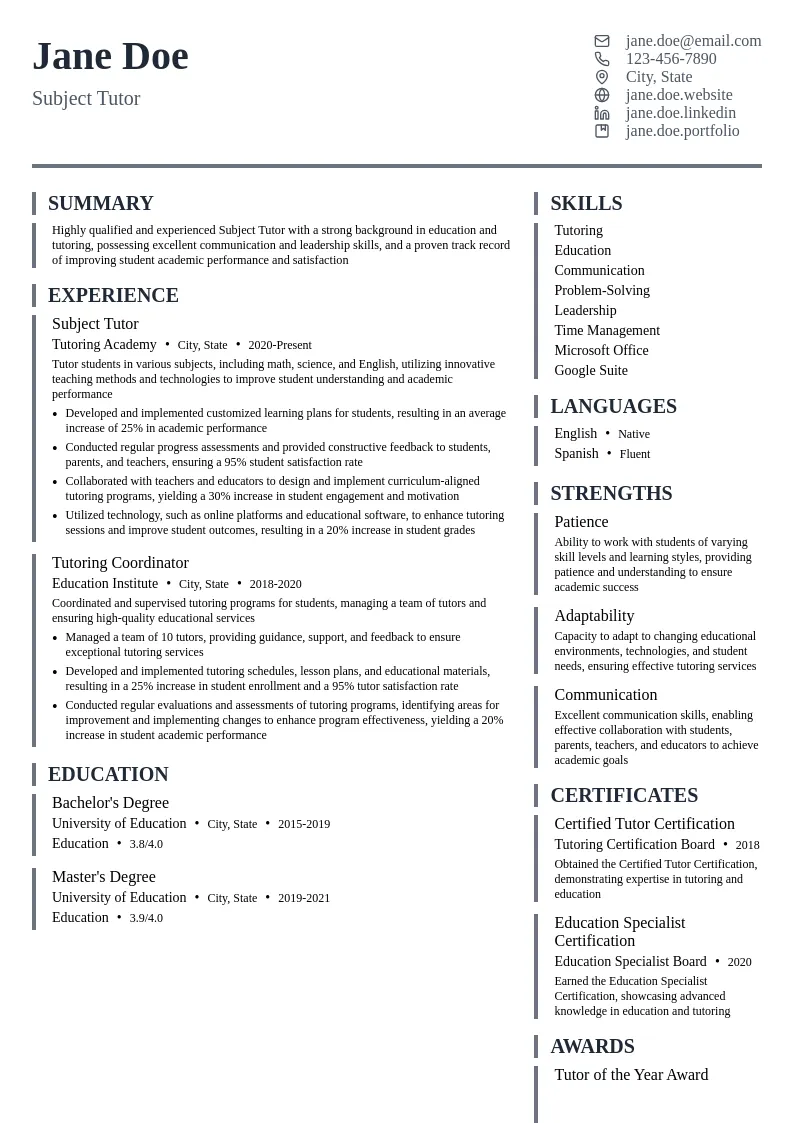 Subject Tutor resume example