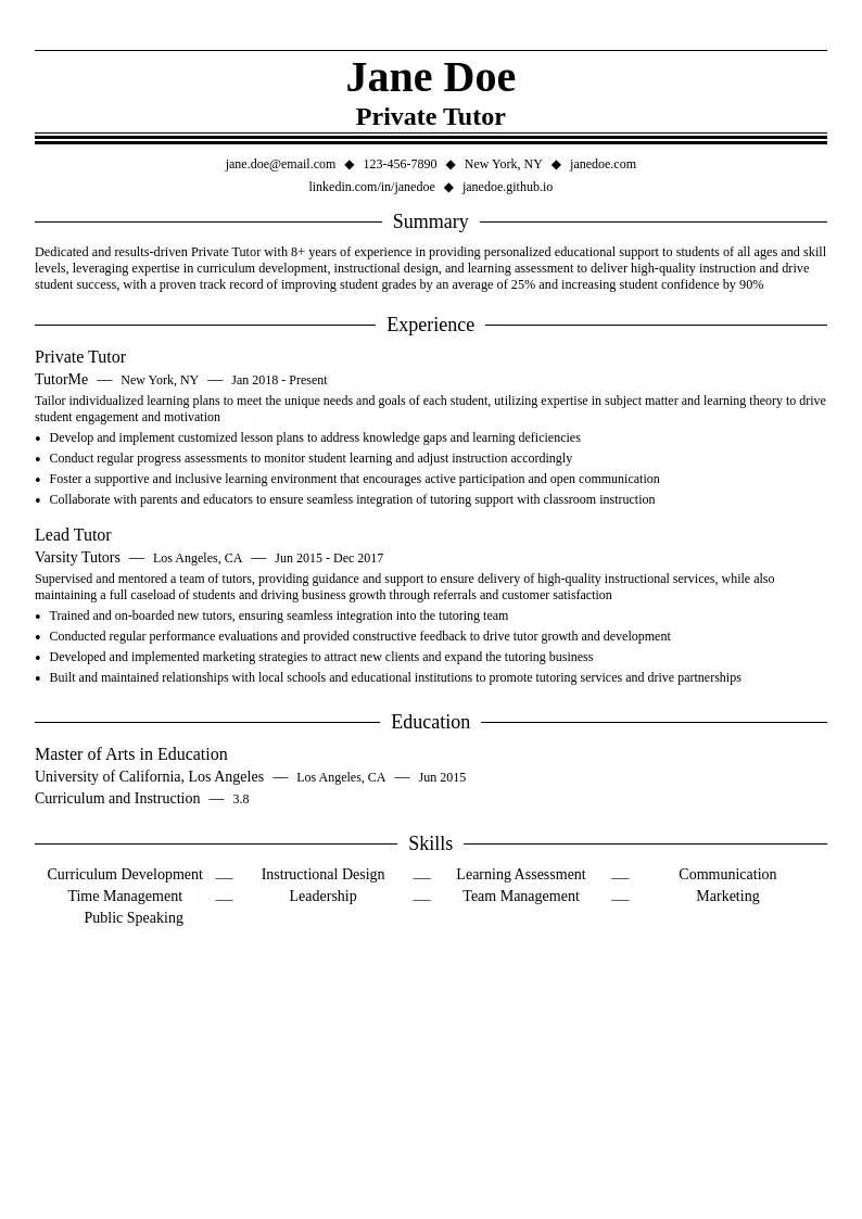 Private Tutor resume example