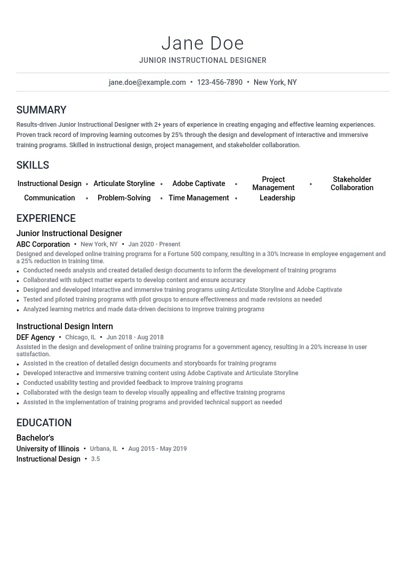 Junior Instructional Designer resume example