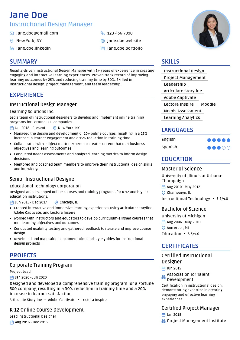 Instructional Design Manager resume example