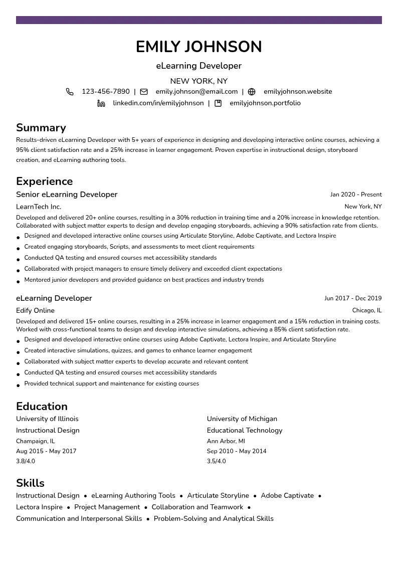 eLearning Developer resume example