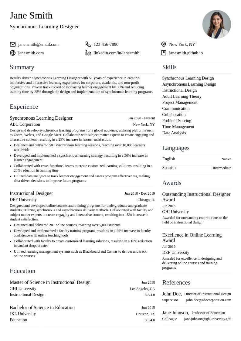 Synchronous Learning Designer resume example