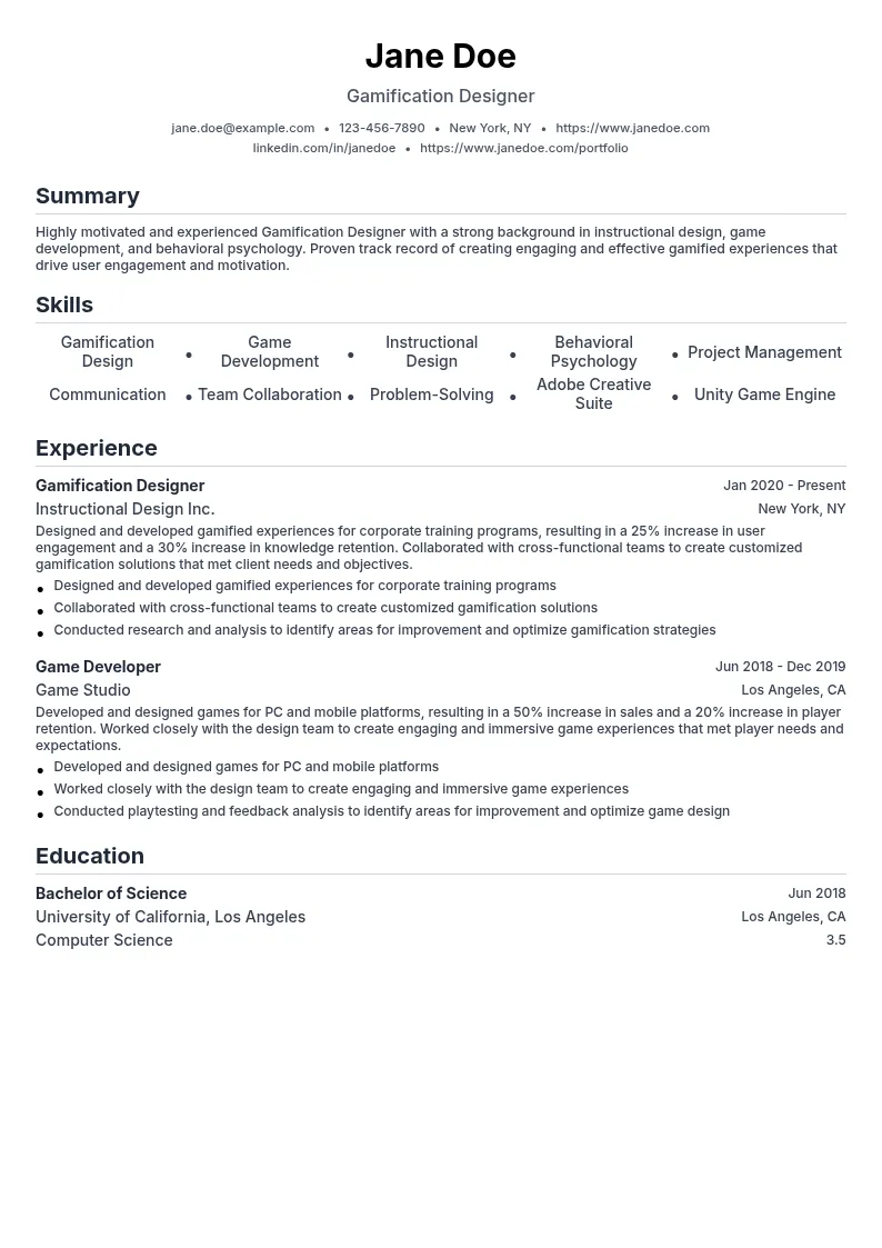 Gamification Designer resume example