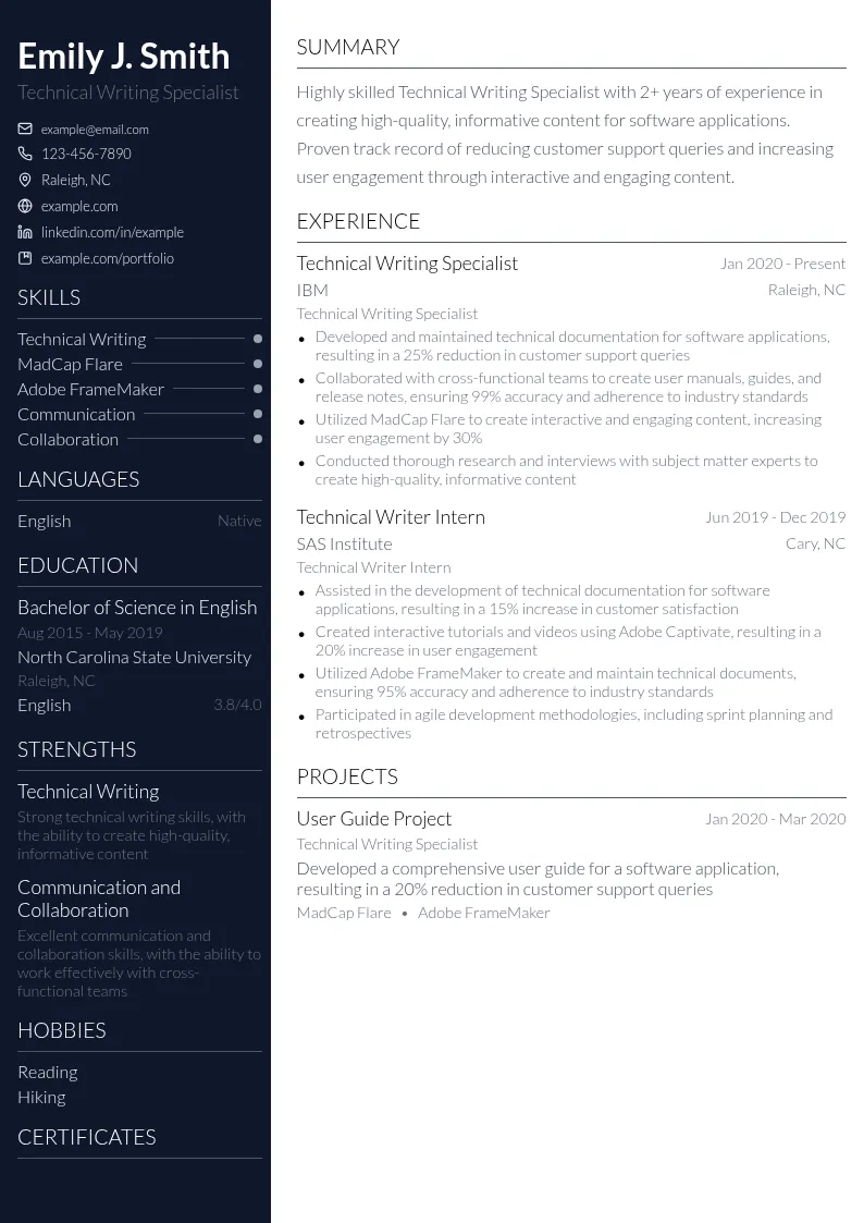 Technical Writing Specialist resume example