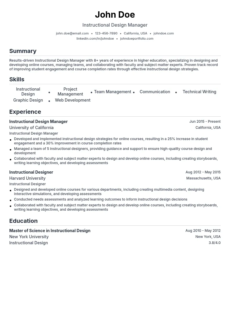 Instructional Design Manager - Higher Education resume example