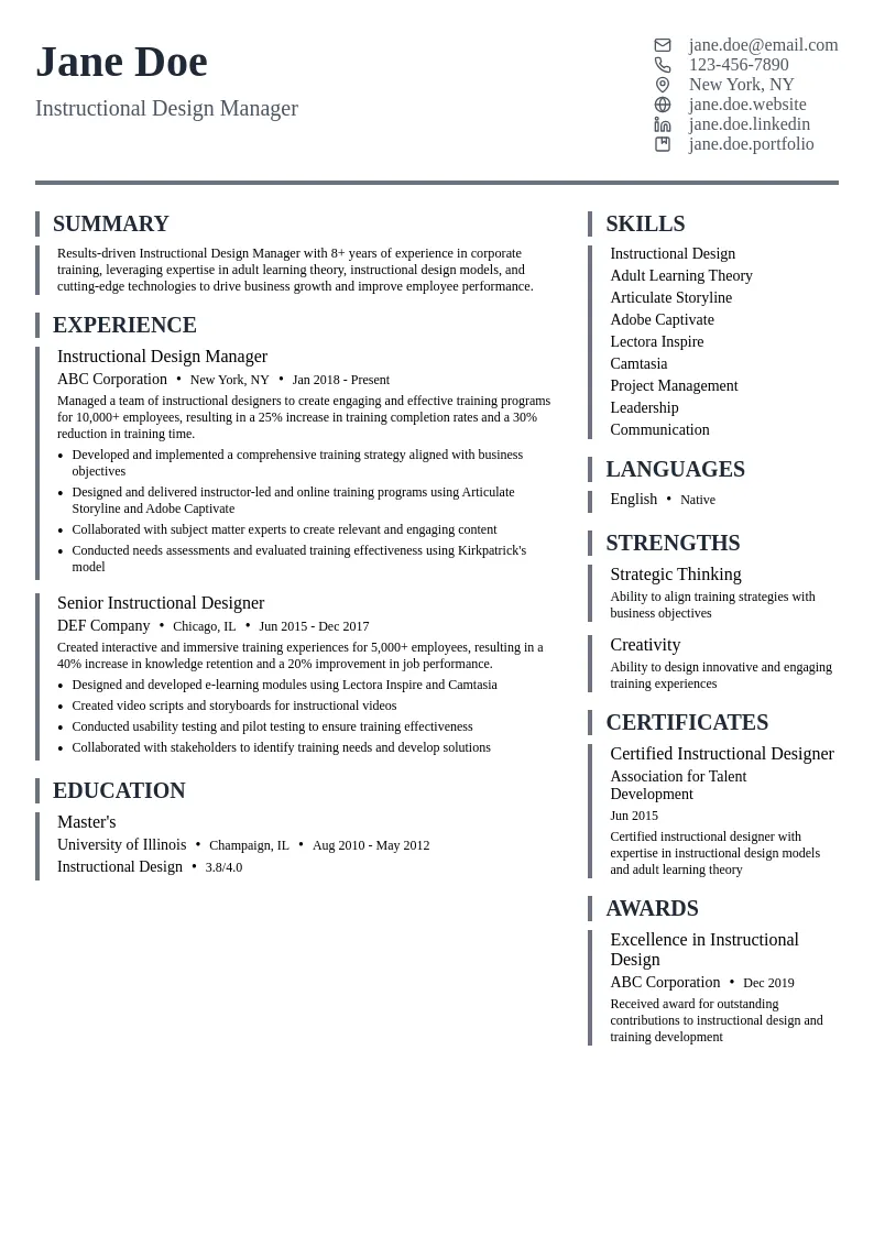 Instructional Design Manager - Corporate resume example