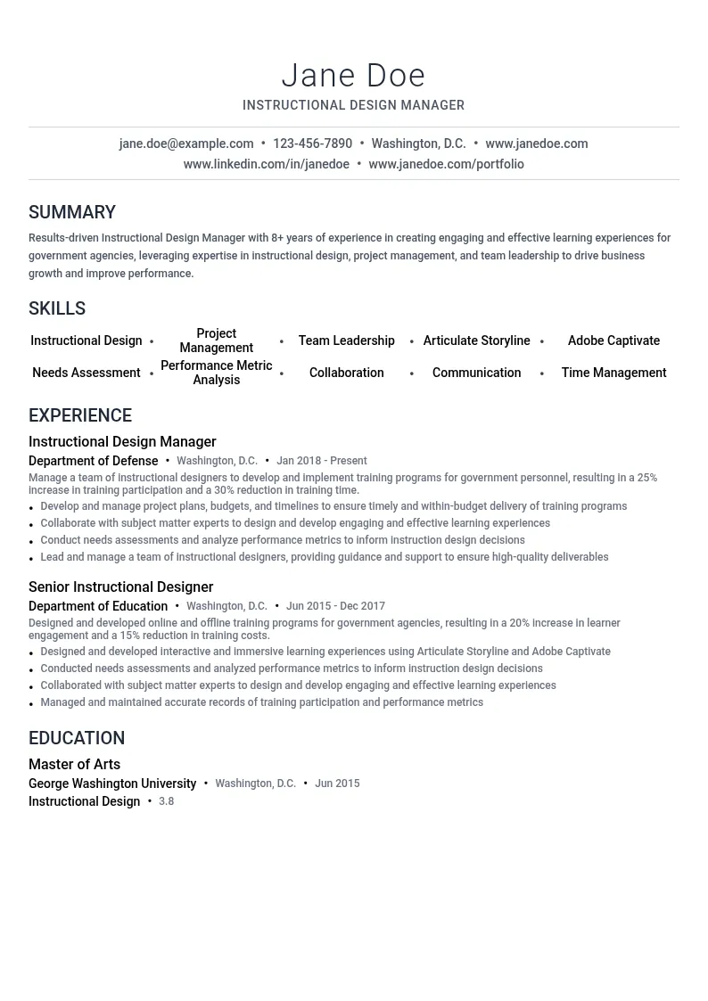 Instructional Design Manager - Government resume example