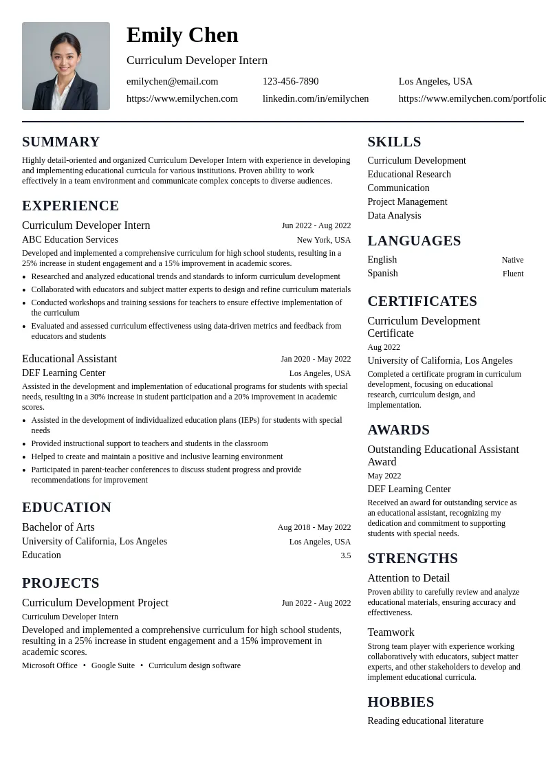 Curriculum Developer Intern resume example