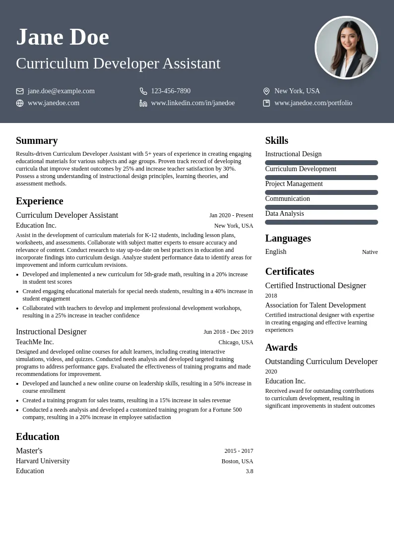 Curriculum Developer Assistant resume example