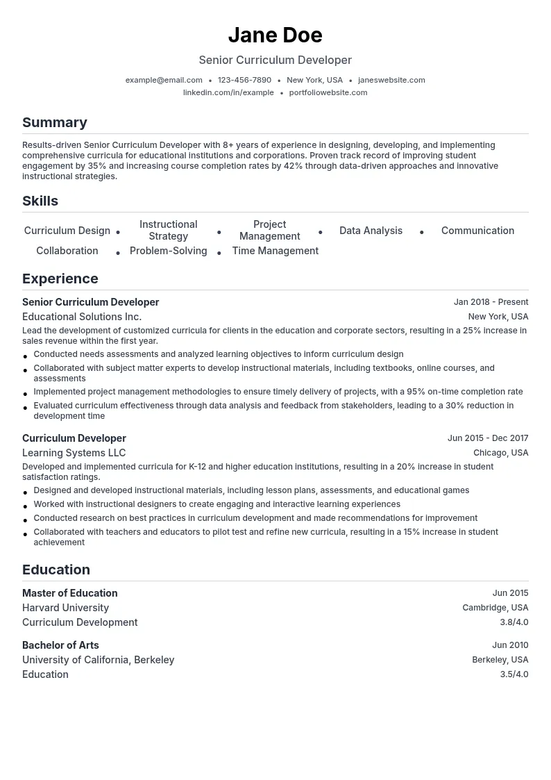 Senior Curriculum Developer resume example
