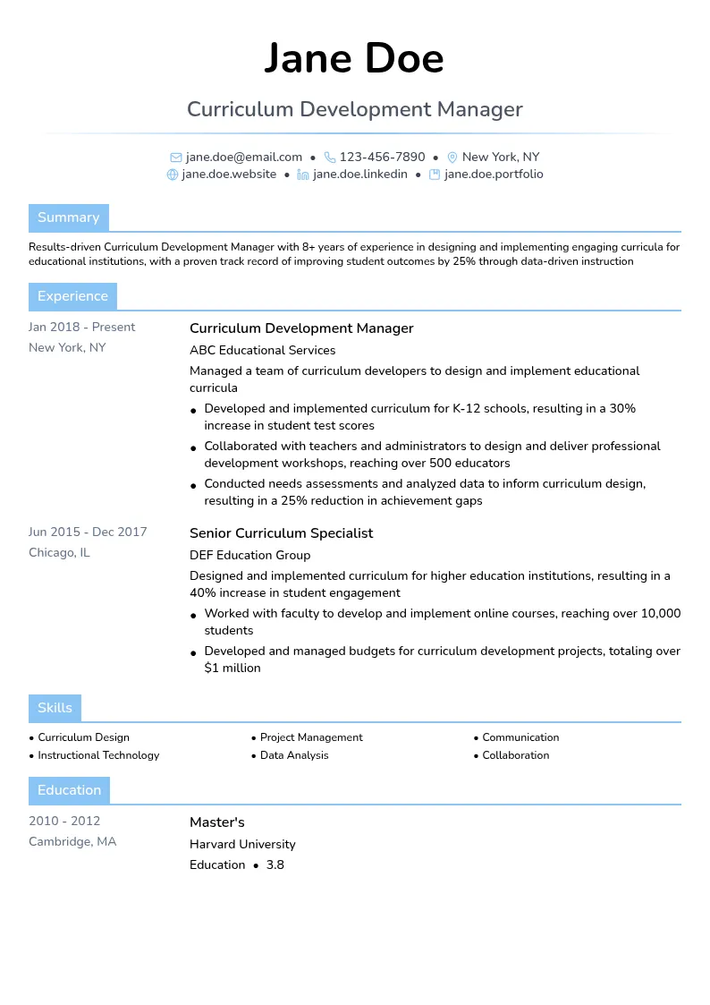 Curriculum Development Manager resume example