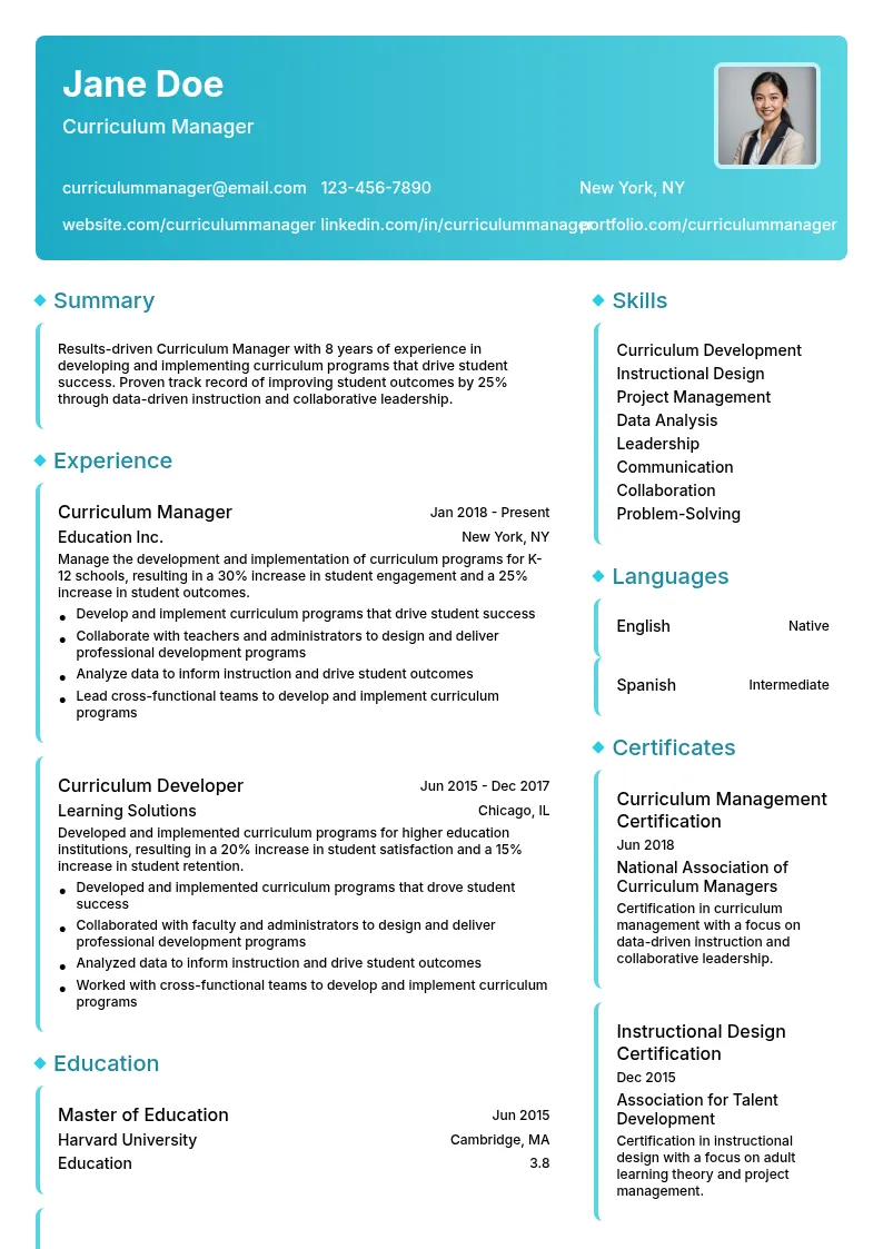 Curriculum Manager resume example