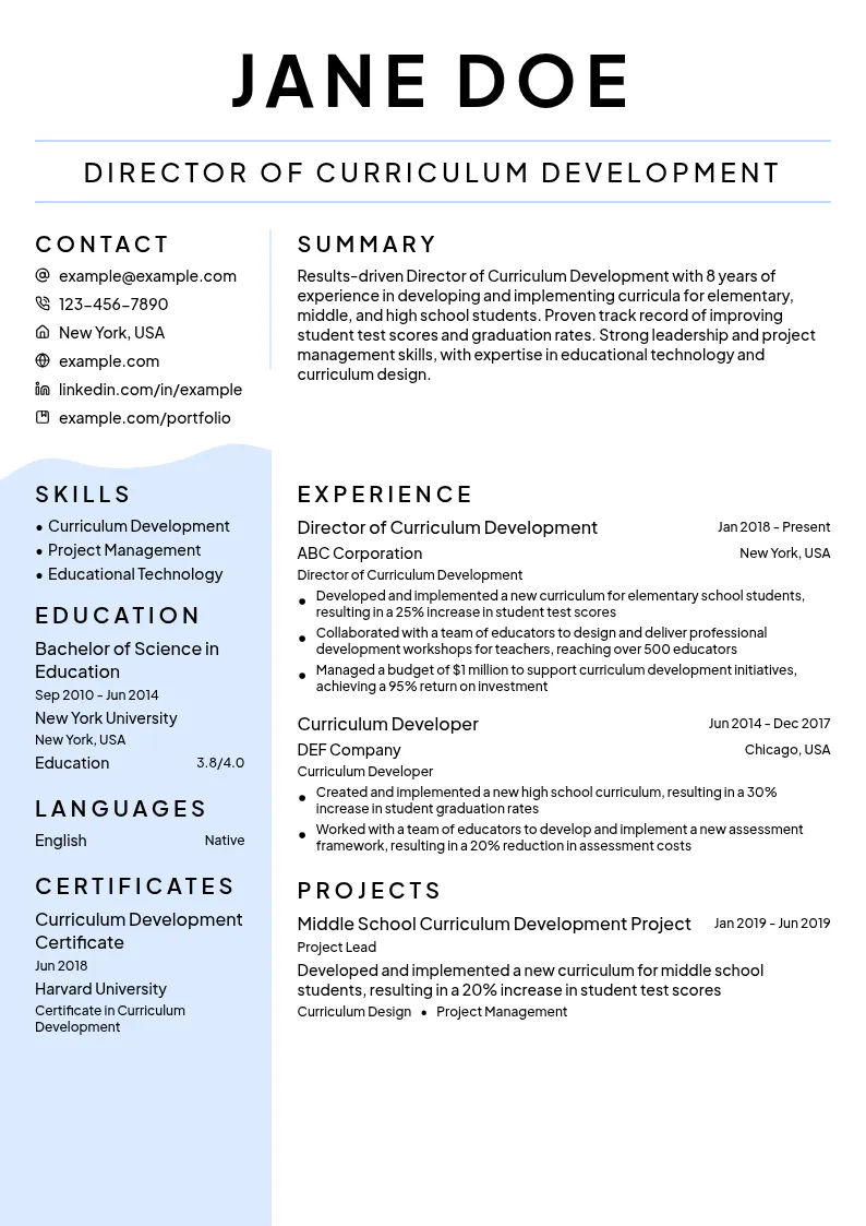 Director of Curriculum Development resume example