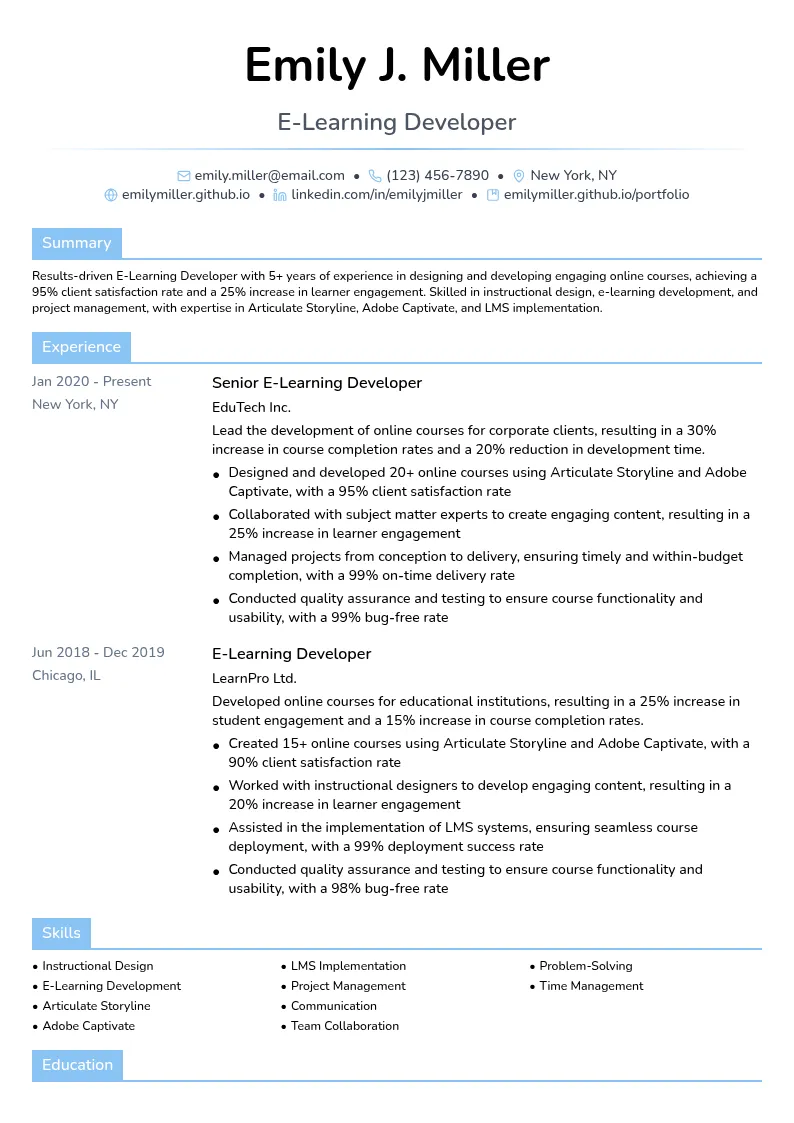 E-Learning Developer resume example