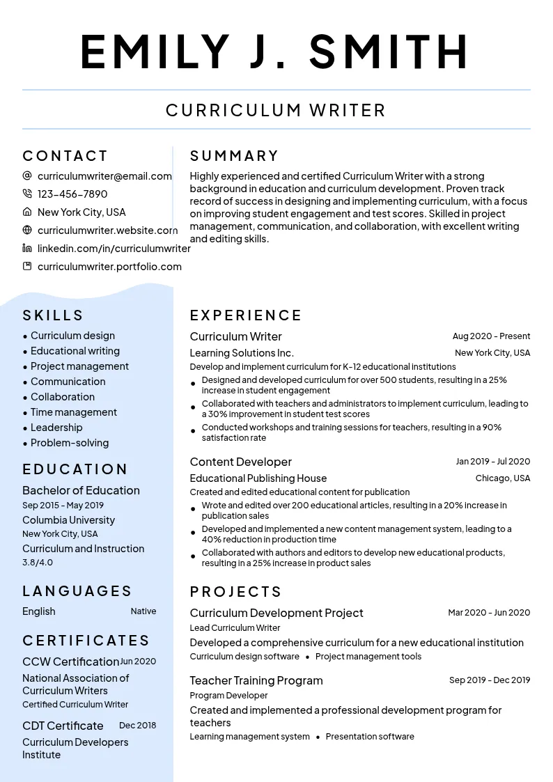 Curriculum Writer resume example