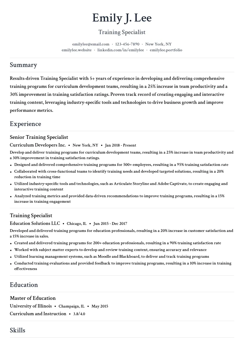 Training Specialist resume example