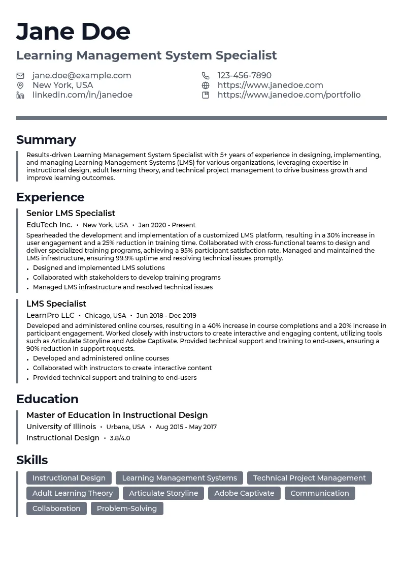 Learning Management System Specialist resume example