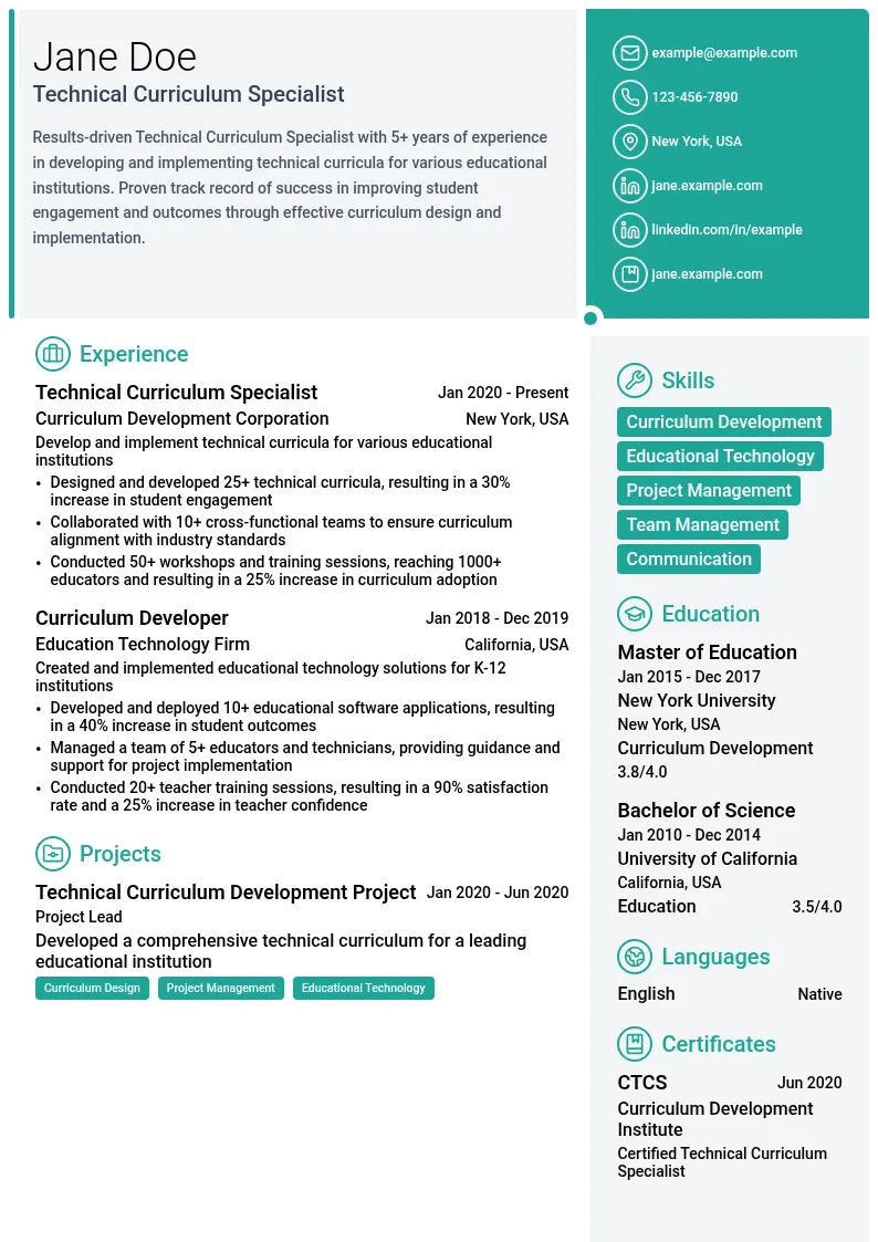 Technical Curriculum Specialist resume example