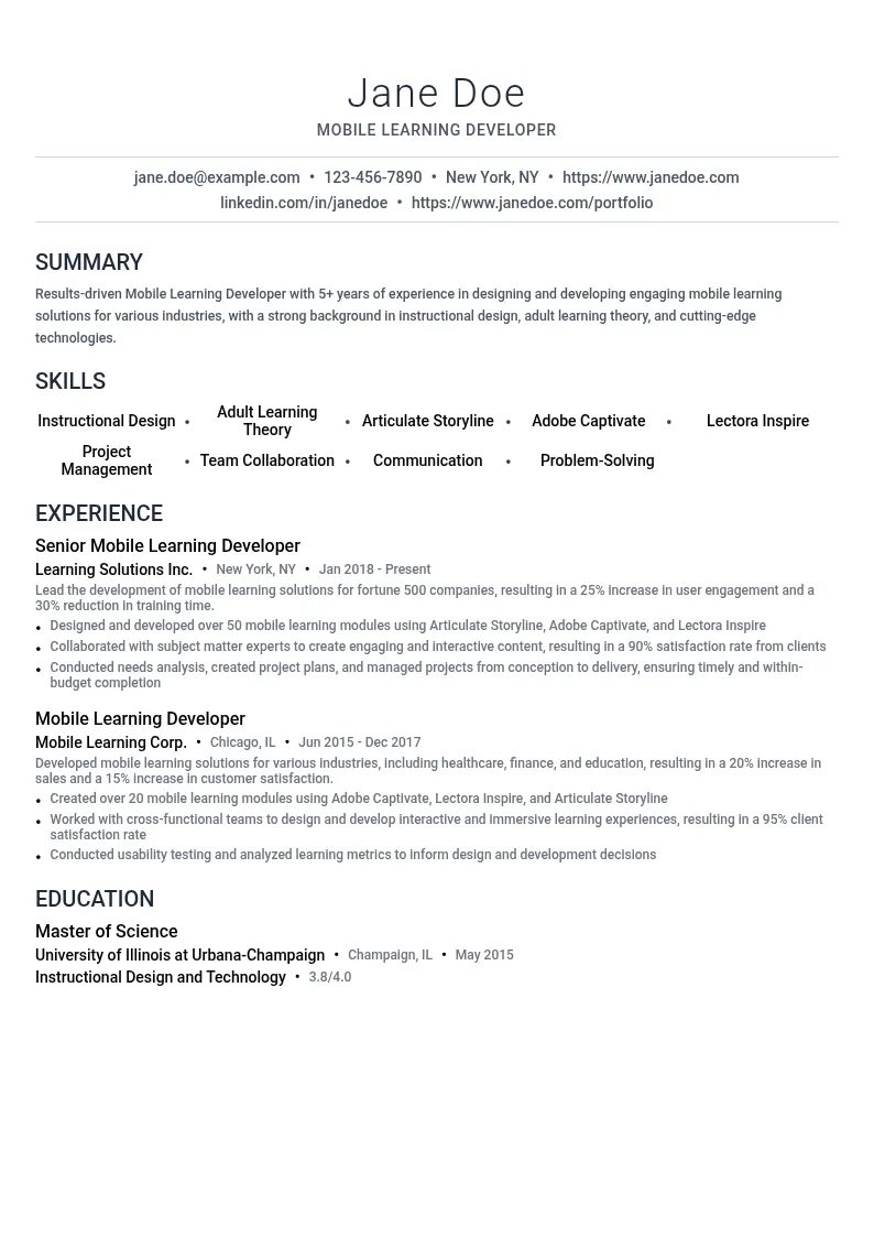 Mobile Learning Developer resume example