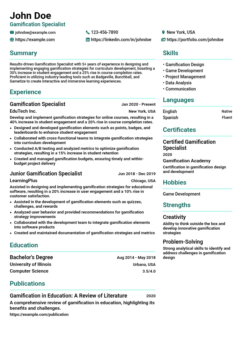 Gamification Specialist resume example