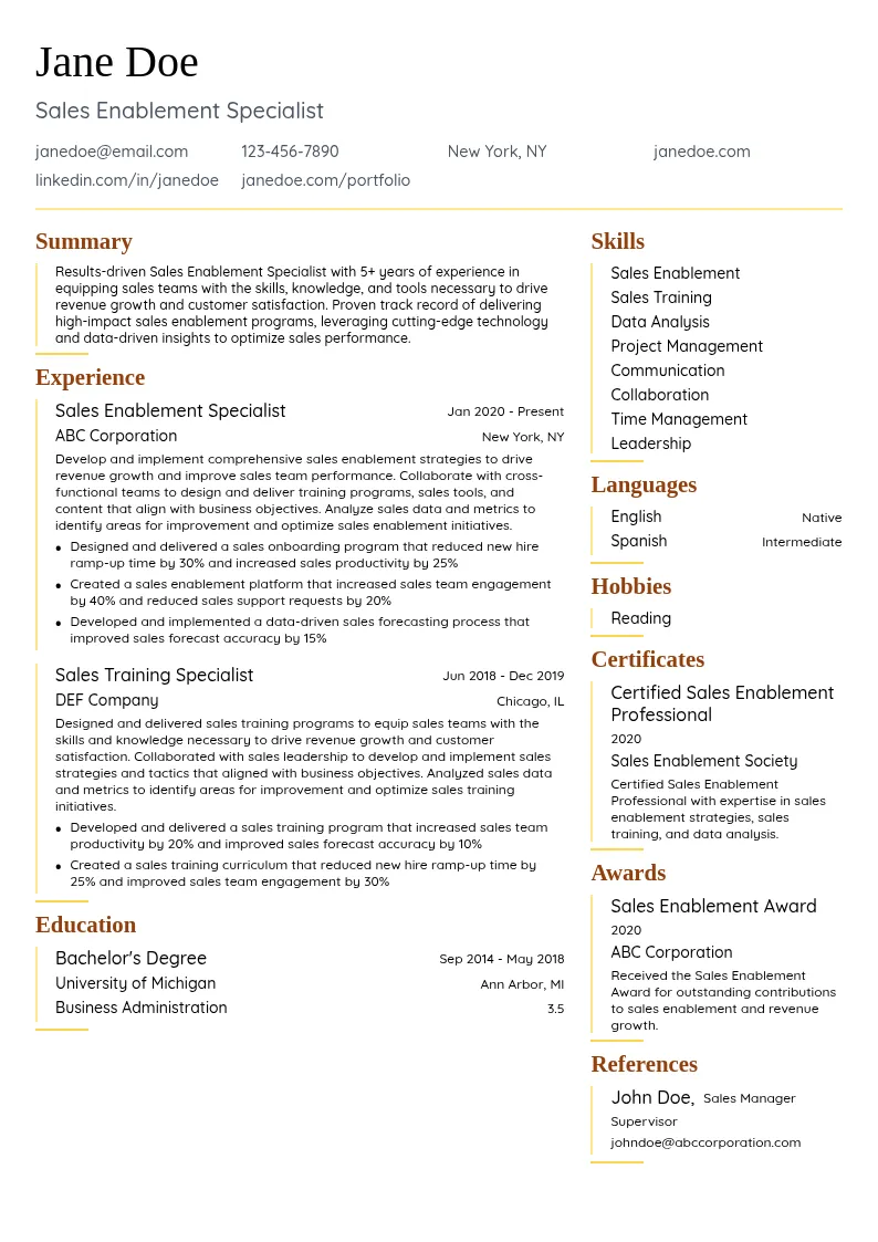 Sales Enablement Specialist resume example