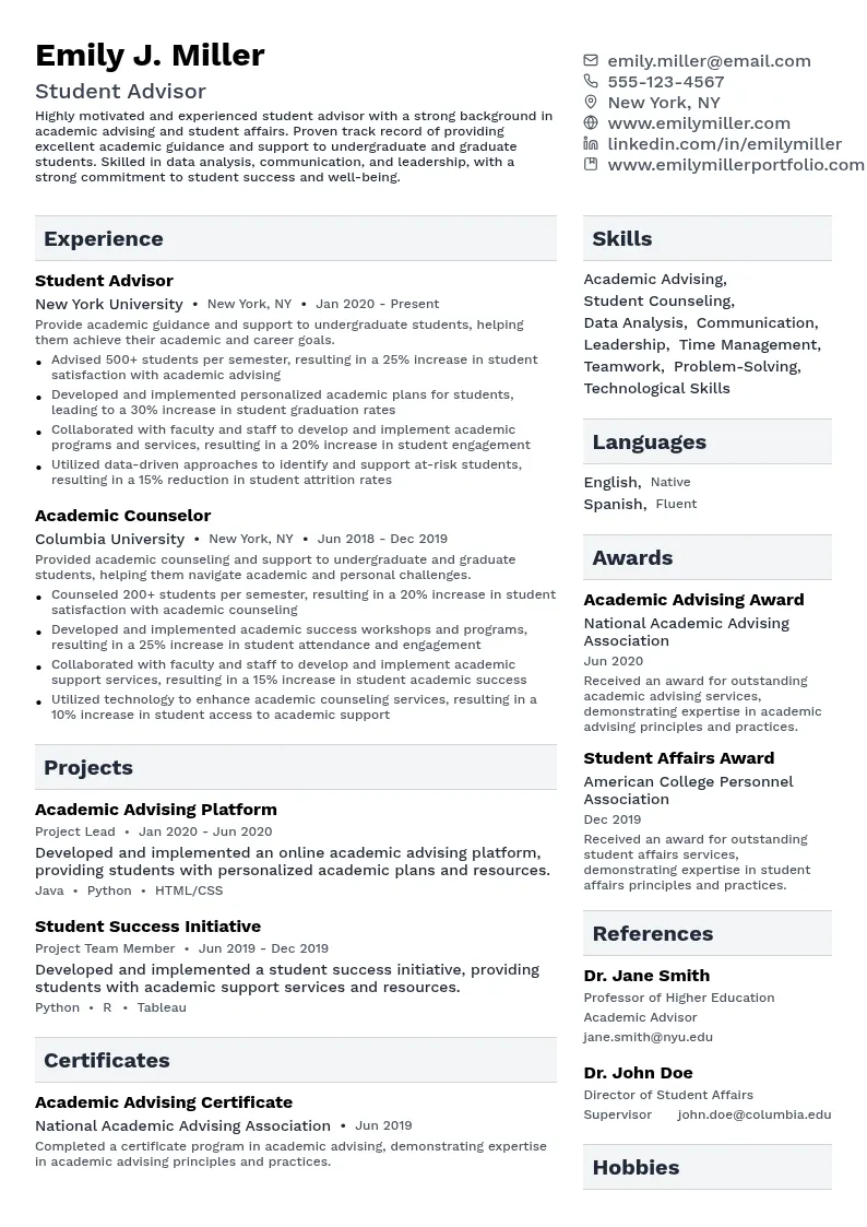Student Advisor resume example