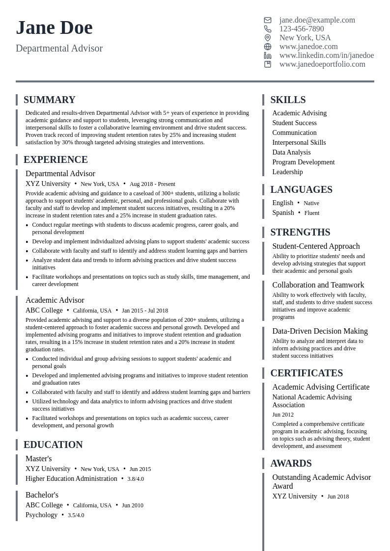 Departmental Advisor resume example