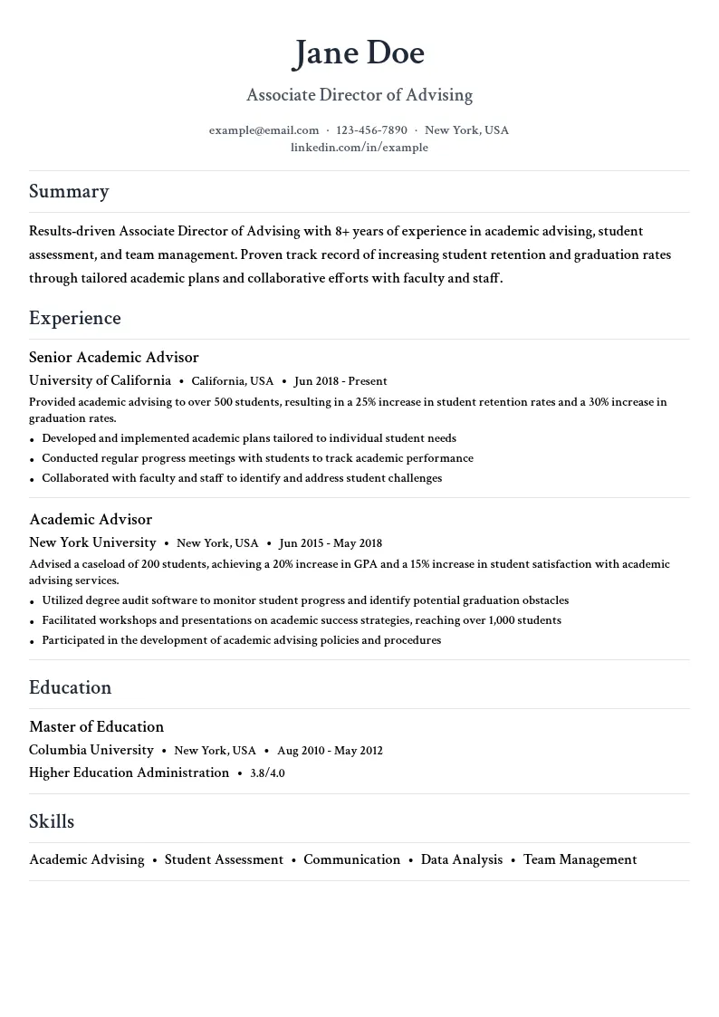 Associate Director of Advising resume example