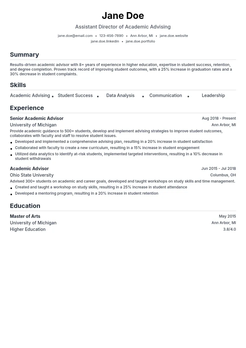 Assistant Director of Academic Advising resume example