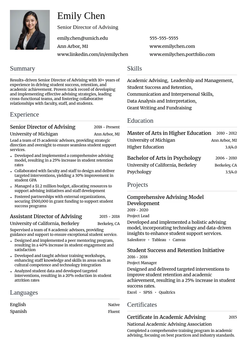 Senior Director of Advising resume example