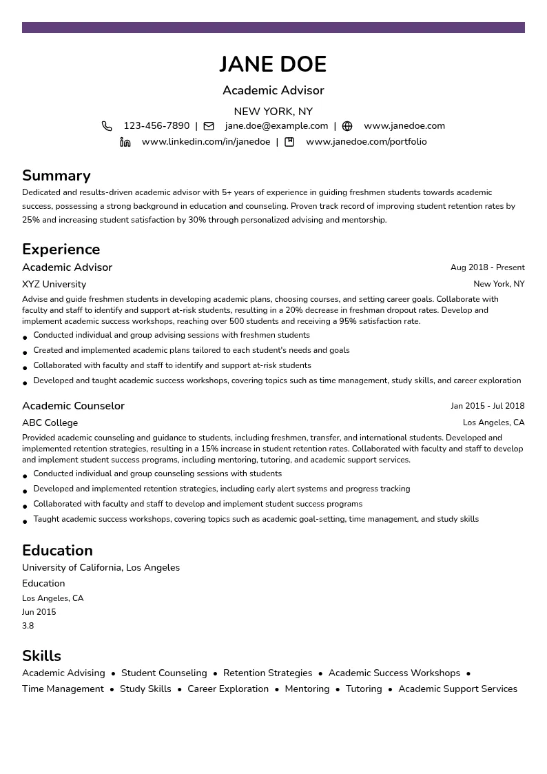 Academic Advisor for Freshmen resume example