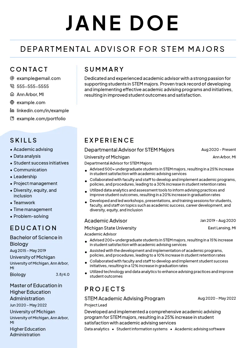 Departmental Advisor for STEM Majors resume example