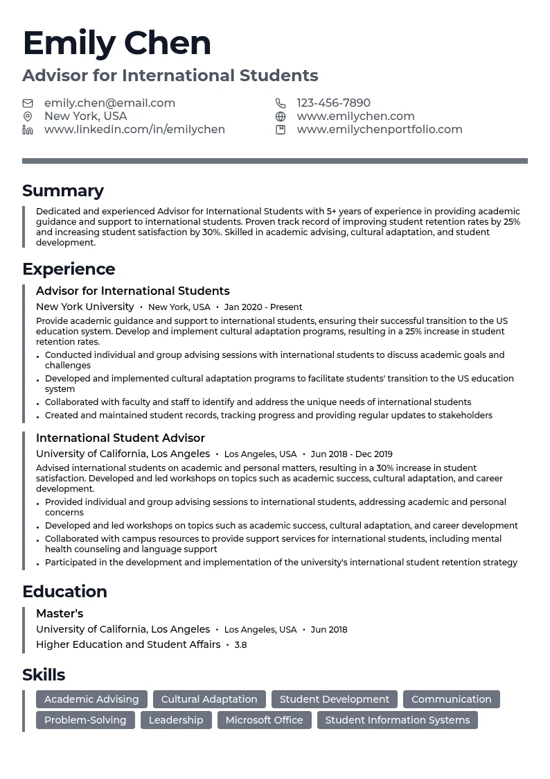 Advisor for International Students resume example