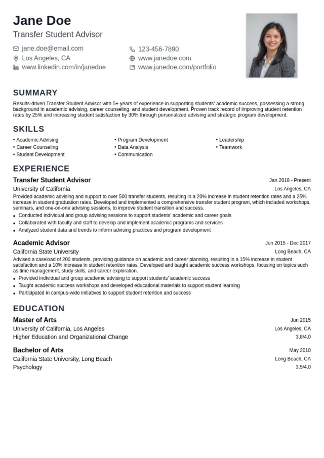 Transfer Student Advisor resume example