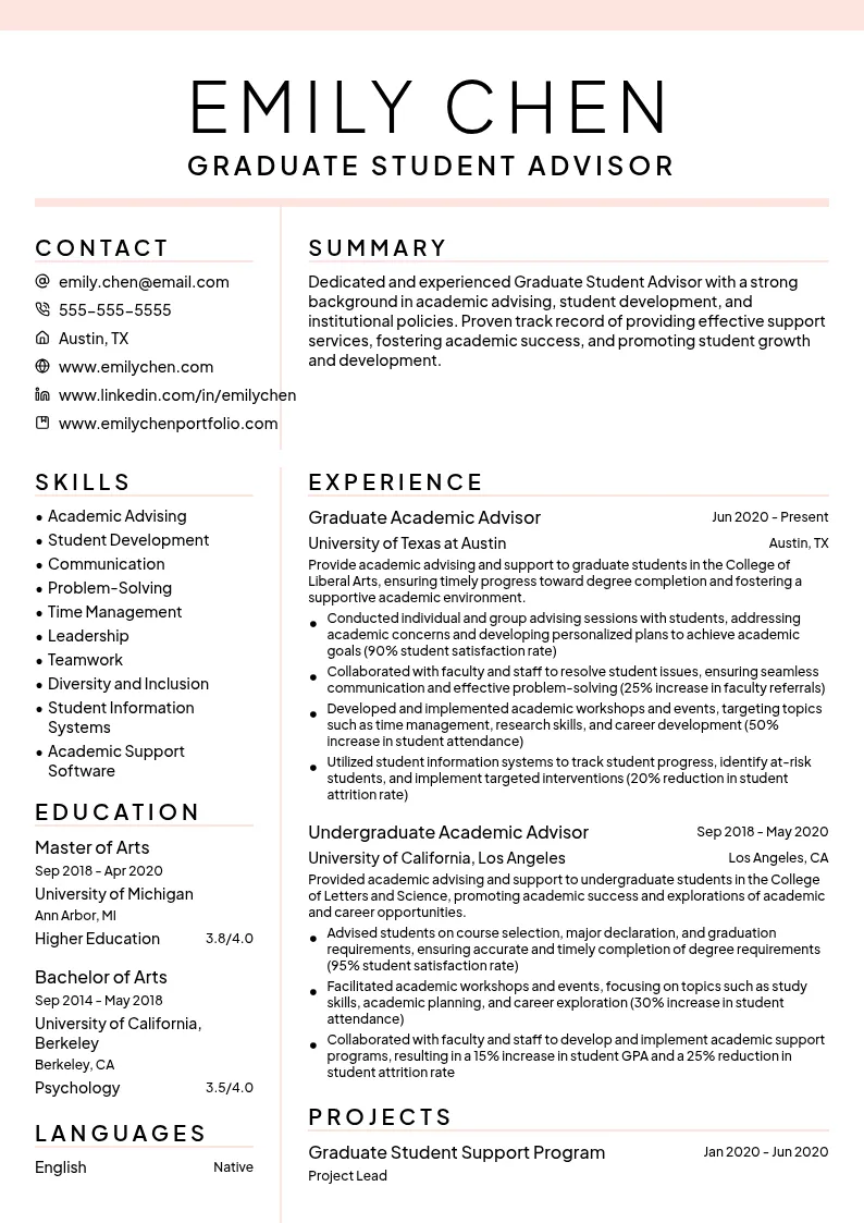 Graduate Student Advisor resume example
